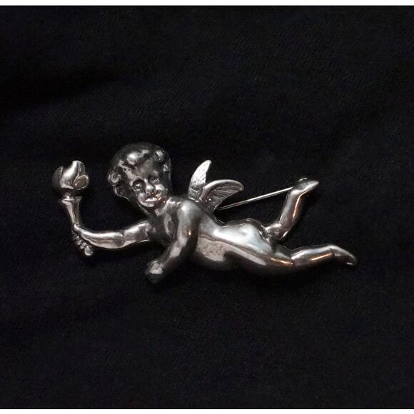 T Foree Hunsicker Sterling Angel with Torch Cherub Brooch - Picture 1 of 5